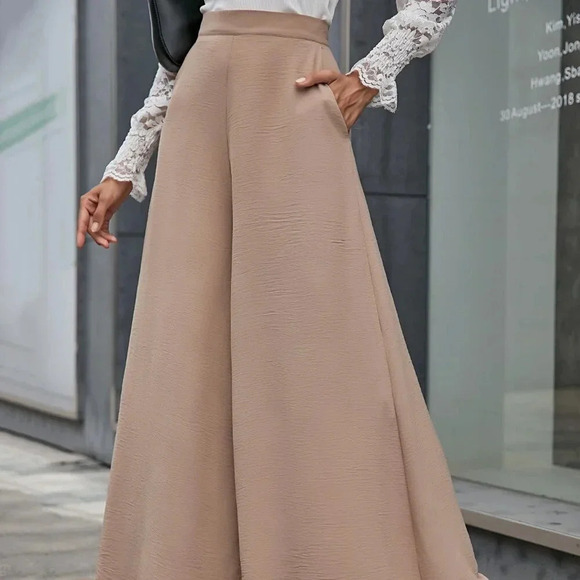 Apricot Casual Women's Slant Pockets Zipper Fly Palazzo Pants - Picture 2 of 7